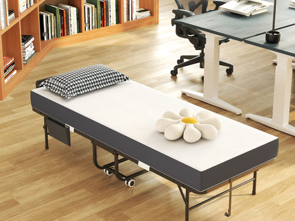 Twin Folding Bed With Adjustable Headboard & Memory Foam, Space Saving Rollaway Guest For Tall People, Portable On Wheels, Easy Assembly - Black