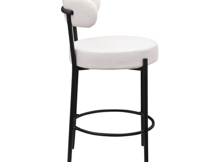 Modern Sherpa Counter Height Stools, Uphsoltered Seat Height Barstools With Brushed Brass Metal Legs Round Low Back Kitchen Stools With Footrest For Dining Room (Set of 2)