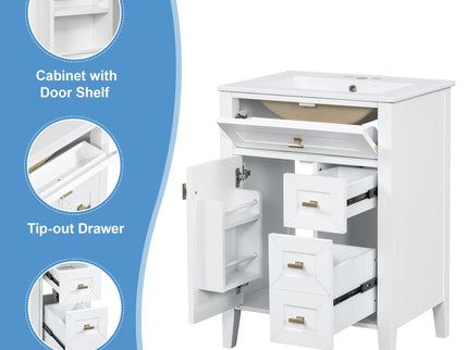 Bathroom Vanity With Sink, 3 Drawers & Cabinet With 2 Tier Door Storage Rack, Soft Close Doors & Drawers