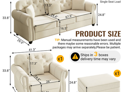 Upholstered Sofa Set With Nailhead Trim And Rolled Armrests, Includes Pillows