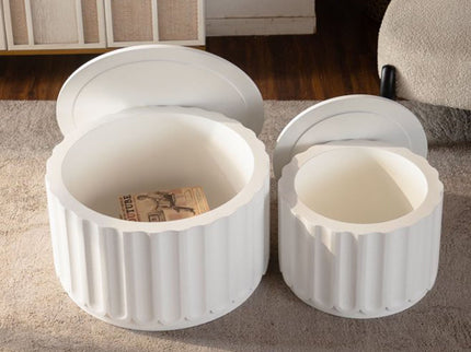 Round Storage Table Set With Lift Off Lid, Nesting Design, Elegant Curved Edge Shape For Living Room - Cream White