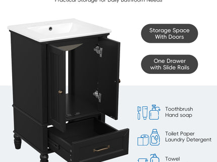 20" Bathroom Vanity With Sink Cabinet With 2 Doors, 2 Drawer, Magnetic Door Stopper, Adjustable Feet, Drop In Sink - Black