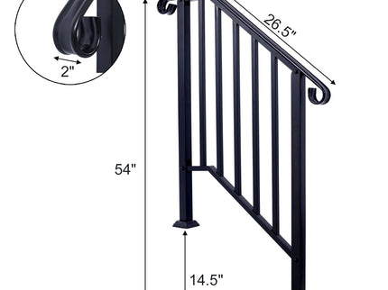 Handrails For Outdoor Steps, Fit 2 Or 3 Steps Outdoor Stair Railing, Wrought Iron Handrail, Flexible Porch Railing, Transitional Handrails For Concrete Steps Or Wooden Stairs