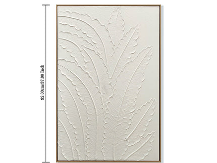 Framed Botanical Leaf Wall Art, Thick Textured Canvas Painting, Neutral Decor For Living Room - White