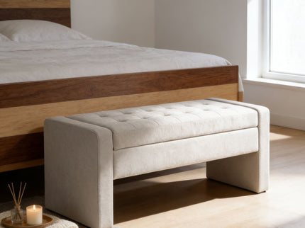 Upholstered Storage Bench With Tufted Seat, Ottoman For Living Room - White