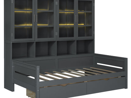 Daybed With Glass Door Storage Cabinets, Built In LED Lighting And Shelves