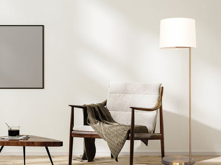 Zenith - Offset Base Floor Lamp With Drumshaped Linen Shade - Gold / White