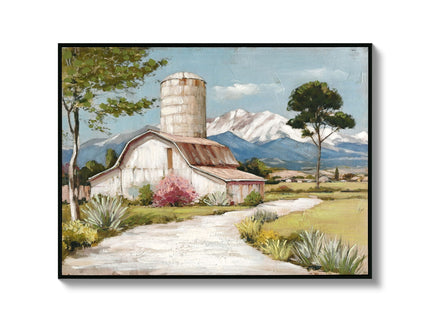Framed Canvas Wall Art Beautiful Field Painting Wildflower Barn Print Nature Scenery Picture For Home - Blue / Pink