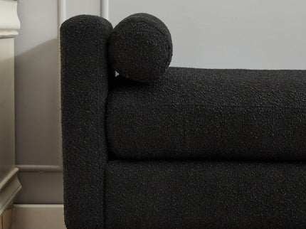 Elegant Upholstered Bench, Daybed, Ottoman With Wood Legs & 2 Bolster Pillows - Black Boucle