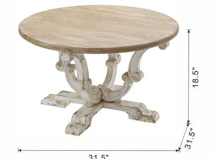 Round Wooden Coffee Table With Distressed Scrollwork Legs - Multicolor