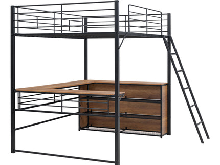 Full Size Loft Bed With 3 Layers Of Shelves And L-Shaped Desk - Black
