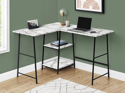 Computer Desk, Home Office, Corner, Storage Shelves, L Shape, Work, Laptop, Marble Look Laminate, Contemporary, Modern