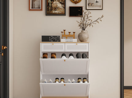 Modern Freestanding Shoe Cabinet With Flip Up Doors And Drawers, Compact Design For Entryway - White Natural