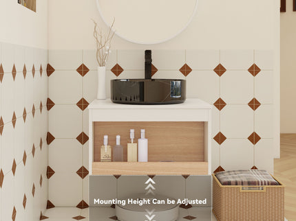 Floating Bathroom Vanity With Vessel Sink With Open Shelf Storage