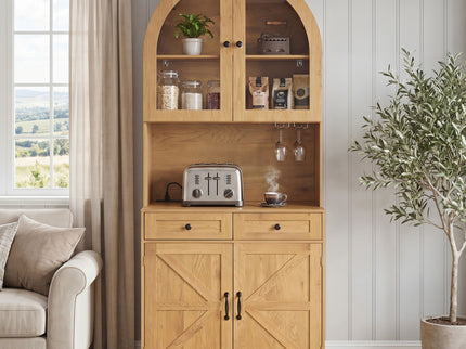 Tall Arched Pantry Cabinet With Charging Station, Adjustable Shelves, Coffee Bar