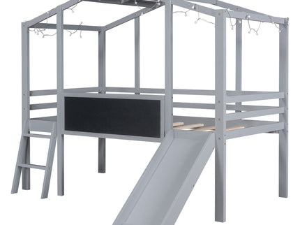 Loft House Bed With Ladder And Slide, With board And Light Strip On The Roof