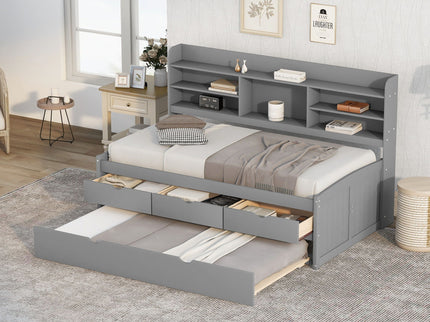 Captain Bed With Built In Bookshelves, 3 Storage Drawers, And Trundle