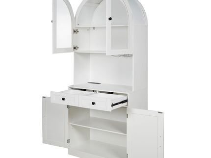Tall Arched Pantry Cabinet With Charging Station, Adjustable Shelves, Coffee Bar