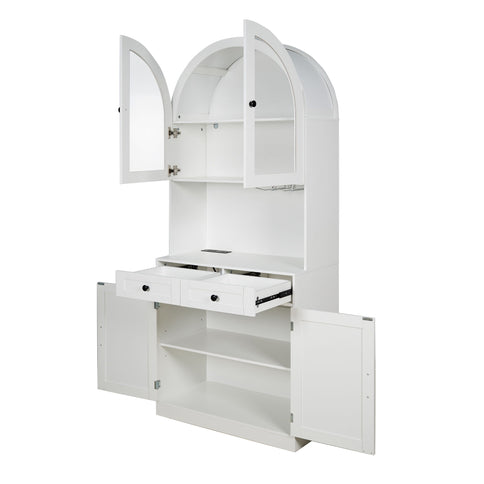 Tall Arched Pantry Cabinet With Charging Station, Adjustable Shelves, Coffee Bar