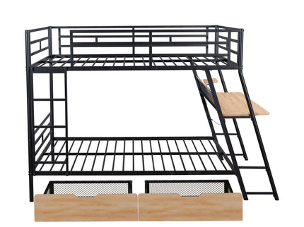 Full Size Bunk Bed With Built In Desk, Light, And 2 Drawers - Black