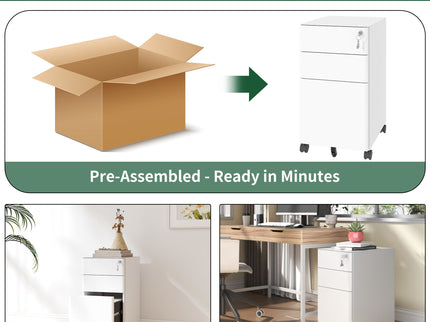 3-Drawer Mobile File Cabinet With Lock, On Wheels, Two Shallow & One Deep Drawer For Office/Home, Fully Assembled - White