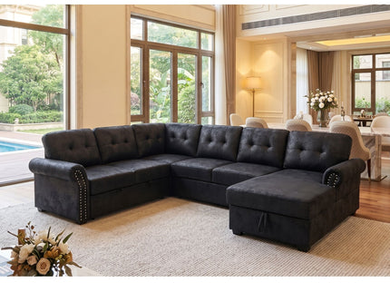 U Shape Sectional Sleeper Sofa With Pull Out Bed And Storage Chaise - Black