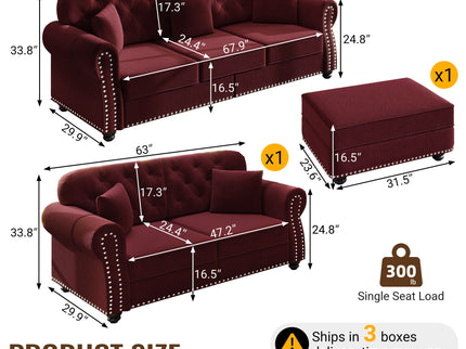 Upholstered Sofa Set With Nailhead Trim And Rolled Armrests, Includes Pillows