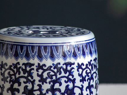 Ceramic Garden Stool, Small Side Tabel - White / Blue