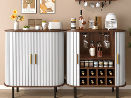 Fluted Wine Bar Cabinet With 8 Grid Wine Rack, 5 Level Adjustable Shelves, 2 Glass Holders