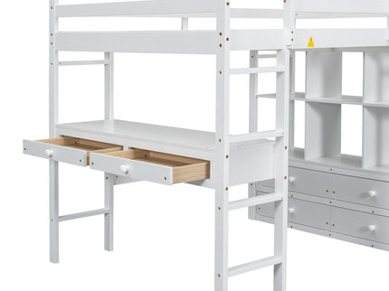 Full Size Loft Bed With Built In Desk, 2 Drawers, Storage Shelves - White