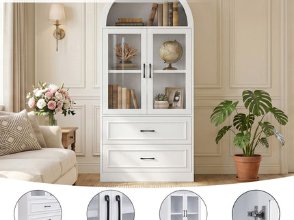 Arched Top Storage Cabinet With Fixed 2 Tier Shelves, 2 Large Drawers