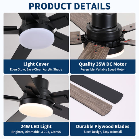 Ceiling Fan With Lights And Remot With Quiet DC Motor, 6 Speeds, Reversible Blades - Black