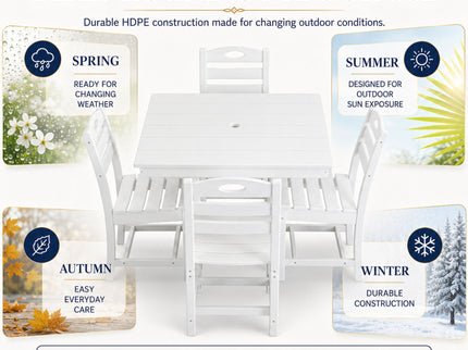 Outdoor Patio Dining Set, Square Table With Umbrella Hole And Armless Chairs