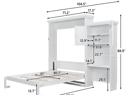Queen Size Murphy Bed With Louvered Design And Multiple Storage Shelves - White