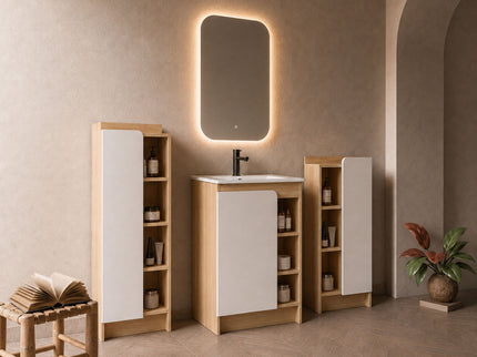 24" Bathroom Vanity With Sink & Tall And Low Side Cabinets, Vanity Set With Thin Edge Sink & Interchangeable Door Panels, 3 Piece Bathroom Storage Set - Black / Light Oak / White