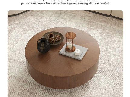 Drum Shaped Coffee Table With Hidden Storage Drawer, Low Profile For Living Room - Walnut