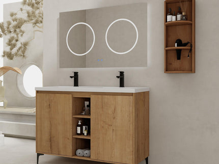 Elegant 48" Freestanding Bathroom Vanity With Double Resin Sink And Storage Rack Soft Close Doors - Imitative Oak