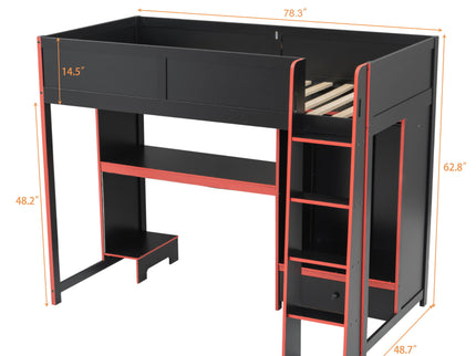 Gaming Loft Bed With Built In Desk, Wardrobe, LED Lighting And Drawer