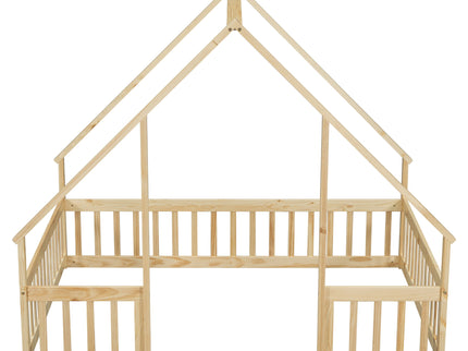 Wood House-Shaped Floor Bed With Fence, Guardrails