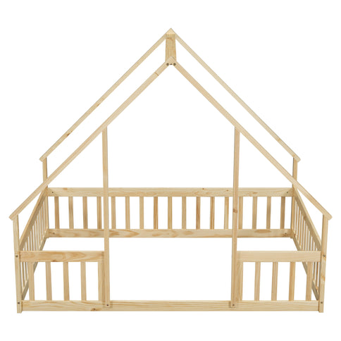 Wood House-Shaped Floor Bed With Fence, Guardrails