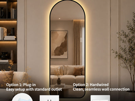 65" X 24" Arched LED Full Length Mirror With Frame, 3 Color Temperatures & Stepless Dimming - Black