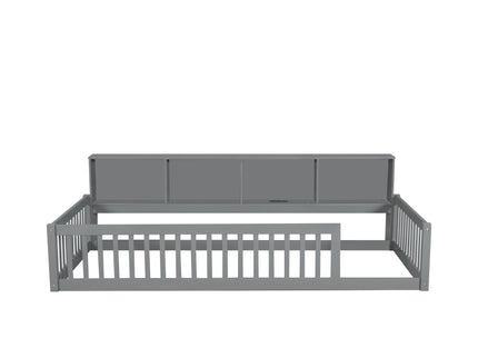 Twin Long Floor Bed With Storage Cabinets And USB Ports - Gray
