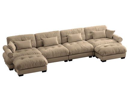 Modern Sectional Sofa With Ottoman, Round Bolster Armrests, Waist And Throw Pillows
