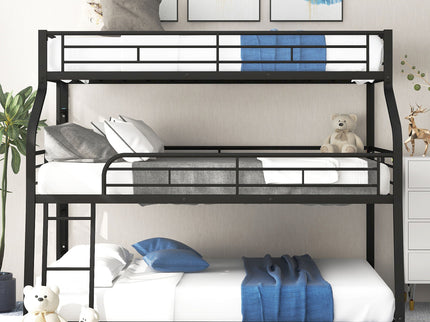 Twin Long / Full Long / Queen Triple Bunk Bed With Long And Short Ladder And Full-Length Guardrails - Black