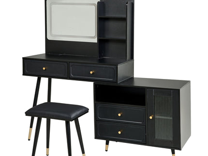 Modern Makeup Vanity Desk With Mirror And Lights Retractable Design Engineered Wood - Black