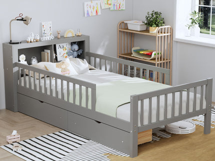 Bed With Headboard Storage Rack, 2 Under Bed Drawers, 3 Side Guardrails For Safety