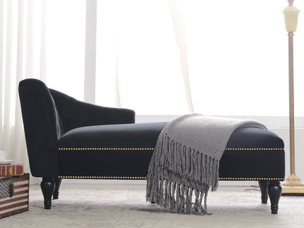 Velvet Chaise Lounge, Button Tufted Right Arm Facing Lounge Chair With Nailhead Trim For Living Room - Black