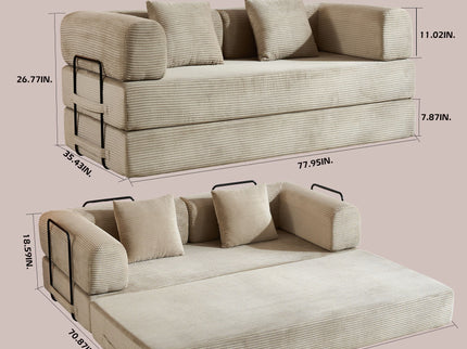 Convertible Sleeper Sofa Bed With Cylindrical Pillow, With Fixed Shape Frame