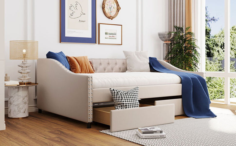 Upholstered Daybed With Two Drawers, Wood Slat Support