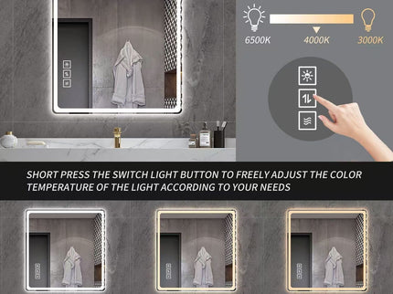 LED Bathroom Mirror, Anti Explosion Glass, Rust Resistant, Anti Fog, Tri Color